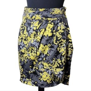H&M pleated yellow gray faux wrap floral skirt size 6